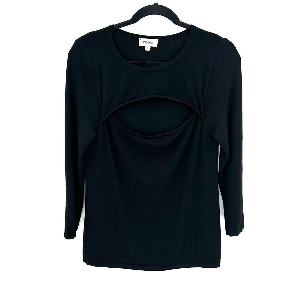 L'AGENCE Women's Black Cut Out Knit 3/4 Sleeve Bateau Neck Stretch Shirt Large